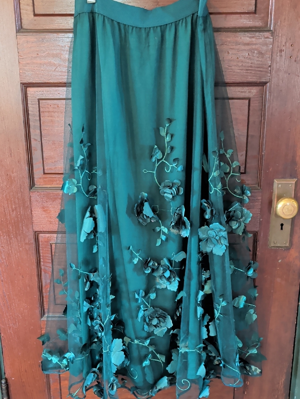 By Anthropologie Floral Appliqué Skirt Deep Green Tulle Maxi Whimsical M - Picture 4 of 9